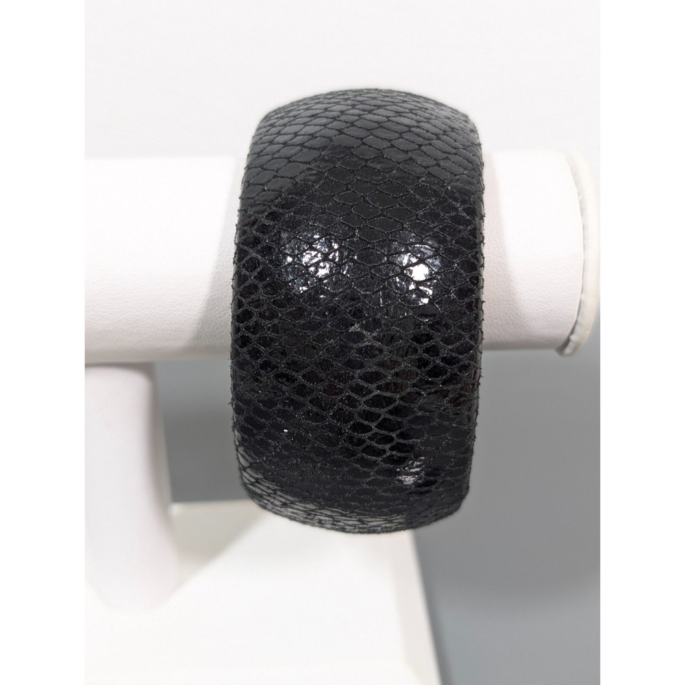Chunky Black Snakeskin Texture Wide Bangle Bracelet Faux Leather 8.5"